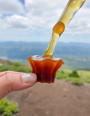 Honey dripping from a honey dipper on the background of mountainsの写真素材