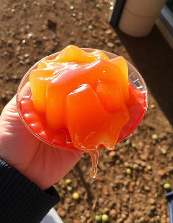 Orange jelly in a glass bowl in the hands of a girl.