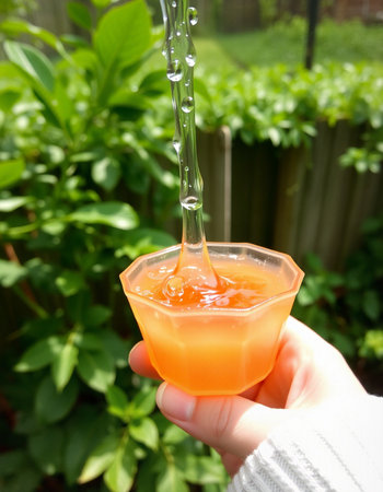 hand holding a glass of fresh orange juice with green leaves in the background
