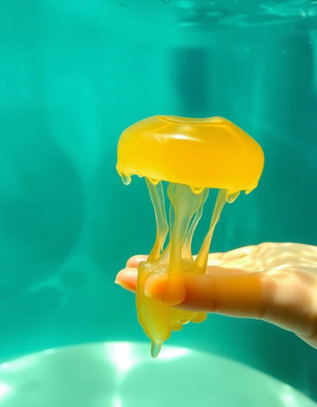 Yellow jellyfish swimming in the pool. Selective focus on handの写真素材