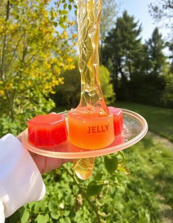 Hand of a woman holding a tray with a glass of jelly in the gardenの写真素材