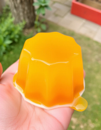 Hand holding orange jelly in the garden. Selective focus and shallow depth of field.の写真素材