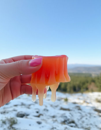 Female hand holding a jelly candies on the background of the mountainsの写真素材