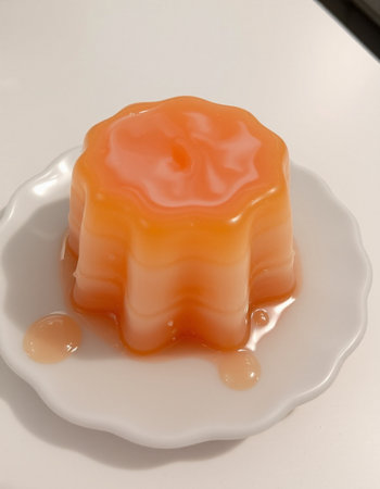 Orange jelly on a white porcelain plate, close-upの写真素材