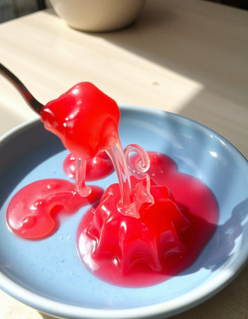 Red jelly on a blue plate with spoon on a wooden table.の写真素材
