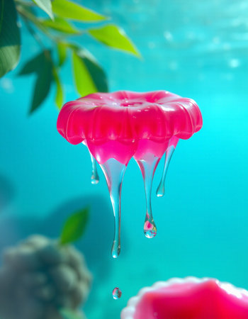 Falling drops of water on a pink jelly in the pool.