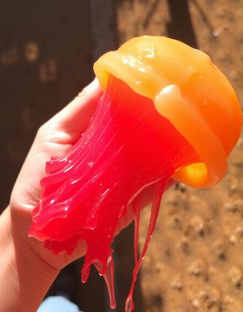 Orange and red jelly on a child's handの写真素材