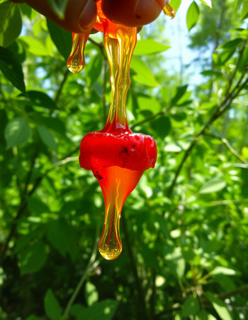 A red object with a yellow liquid dripping from it, held by a hand. Selective focus.の写真素材