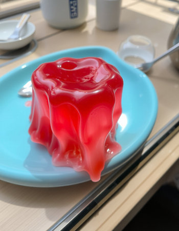 Red jelly on a blue plate in a restaurant, closeup of photoの写真素材