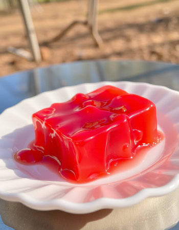 Red jelly in a white plate on the table in the garden.の写真素材