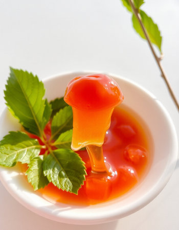 jelly candy in syrup with mint leaves on the white background.の写真素材