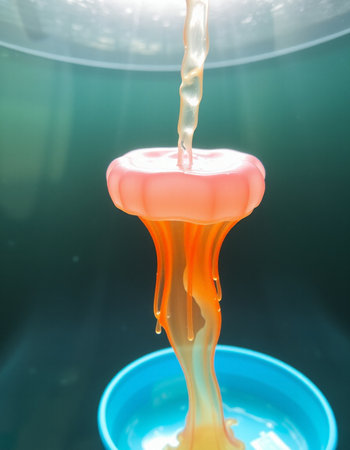 Fruit juice dripping from a bottle into a bowl in a laboratoryの写真素材
