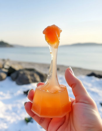 Frozen orange jelly in hand on the background of the sea.