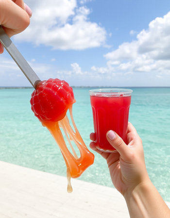 Closeup of a woman's hands holding a glass of juice and a slice of fresh raspberry on the beach