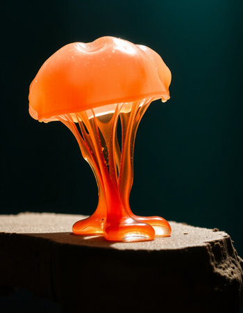 Orange jellyfish on a wooden table. Shallow depth of field.の写真素材
