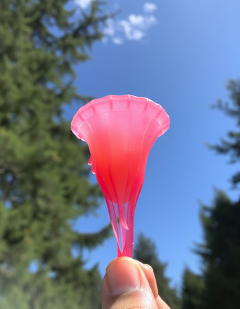 Pink jelly in the hand against the background of the forest and blue sky