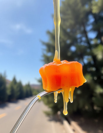 Caramel candies dripping from a spoon on the background of the road