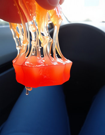 Holding a glass of orange slime, close-upの写真素材