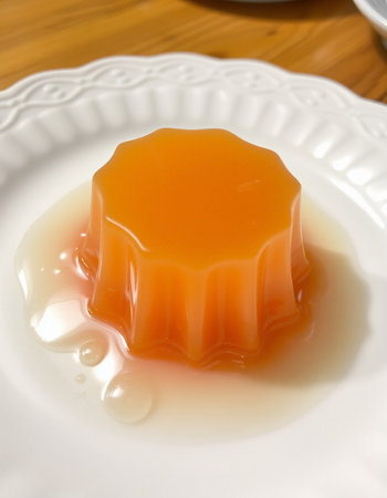 Jelly pudding on a white plate on a wooden table in a restaurantの写真素材
