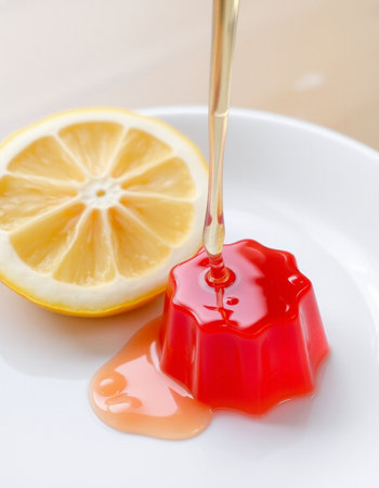 Pouring red jelly from a lemon into a white plate with a slice of lemonの写真素材