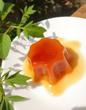 Jelly pudding on a white plate with leaves in the background.の写真素材