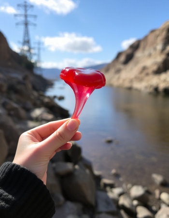 Hand holding a red jelly heart against the background of a mountain riverの写真素材