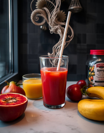 Glass of fresh smoothie with fruitsle countertop in kitchenの写真素材