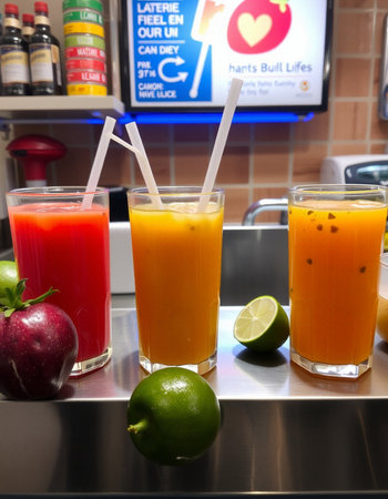 Glasses of fresh fruit juices and smoothies on a bar counterの写真素材