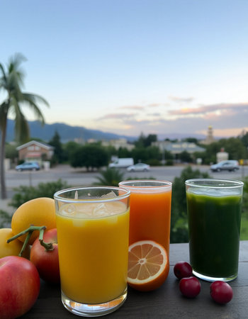 Glasses of fresh juice with fruits and vegetables on the table.の写真素材