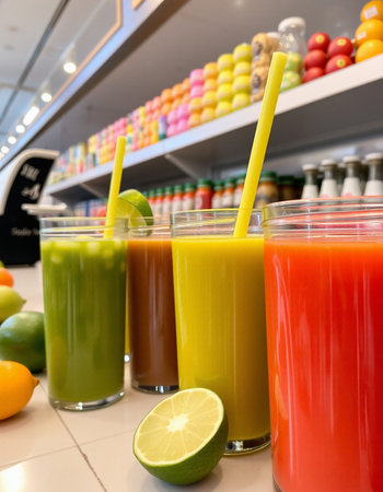 Glasses of fresh fruit juices and smoothies in the supermarket.の写真素材