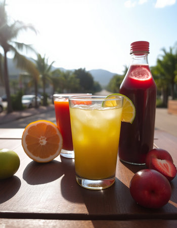 Fresh fruit juice in a glass on the terrace of an hotelの写真素材