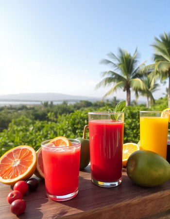 Glasses of fresh juice with fruits on the background of the seaの写真素材