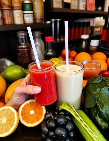 Assortment of fresh fruits and vegetable juices in a glass with strawsの写真素材
