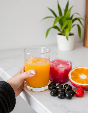 Female hand holding a glass of orange juice with fresh fruits on the backgroundの写真素材