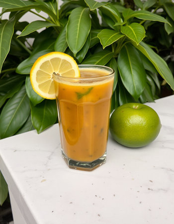 Iced Thai tea with lemon and green leaves on white marble tableの写真素材