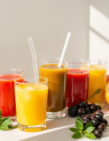 Glasses of fresh juice and smoothies with fruits and vegetables.