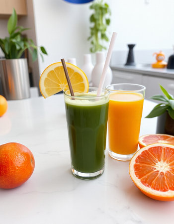 Healthy fresh juice and smoothie on white marble table in kitchenの写真素材