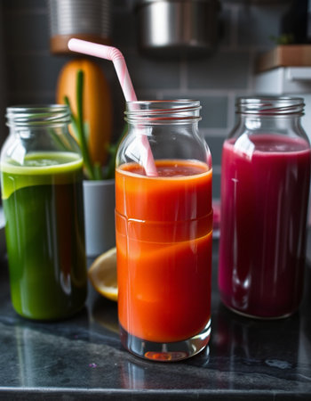 Juices in glass bottles with straws on kitchen countertop.の写真素材