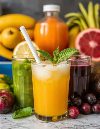 Fruit smoothies in glasses on a white marble background. Selective focus.の写真素材