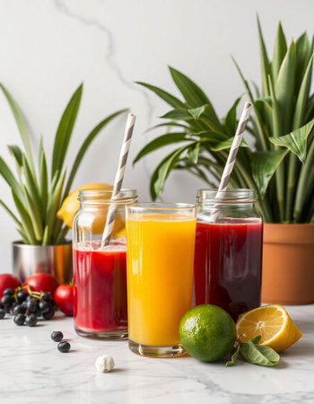 Fresh fruit juices in glass jars with straws on white marble table