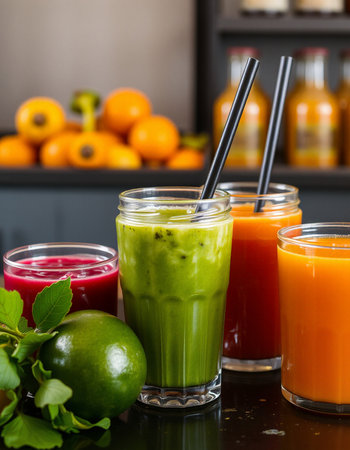 Glasses of healthy smoothies with fresh fruits and vegetables on the tableの写真素材