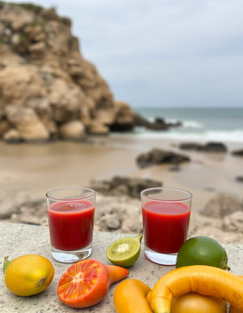 Glasses of juice with fruits on the beach. Selective focus.
