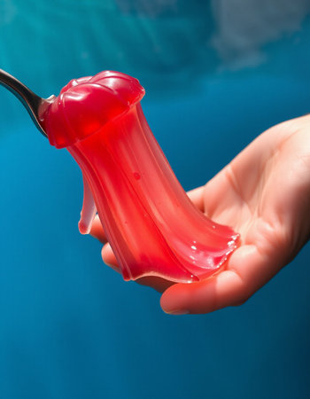 Red jelly on a spoon in the hands of a girl on a blue background