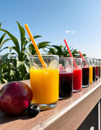 Fruit juice and smoothies in a glass on the background of corn fieldの写真素材