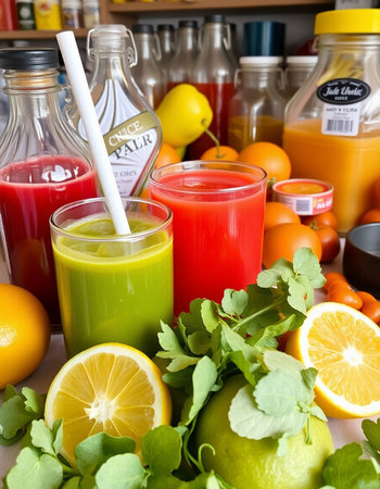 Composition with fruit and vegetable juices. Detox diet concept.の写真素材