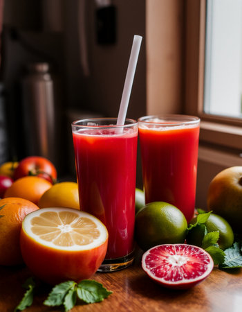 Glasses of fresh fruit juices on a wooden table near the windowの写真素材