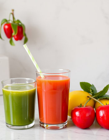 Glasses of fresh vegetable juices on white marble table. Copy spaceの写真素材