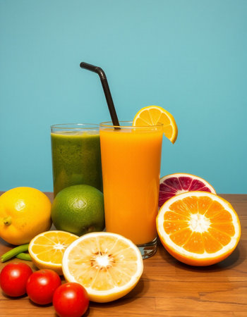 Fruit and vegetable juices in a glass on a blue background.の写真素材