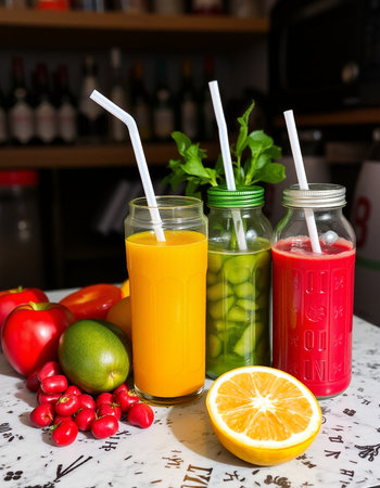 Healthy fresh juices in glass bottles with ingredients on the table.