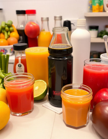 Bottles of juice and fresh fruits and vegetables in the kitchen.の写真素材